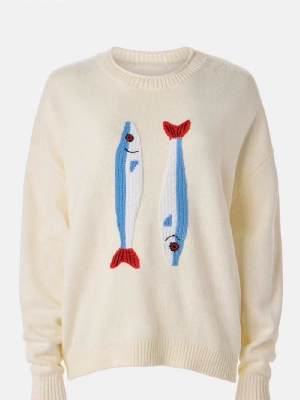 NWT XL STAUD White Knit Crewneck Sweater with Red & Blue Accent - Picture 8 of 8